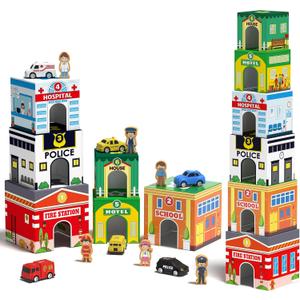 Coogam Montessori Sorting & Stacking Blocks with Nesting Garages Cars, Stackable Number Boxes for Toddlers Learning Community Helpers, Preschool Educational Toy Gift for 2 3 4 Year Old Baby