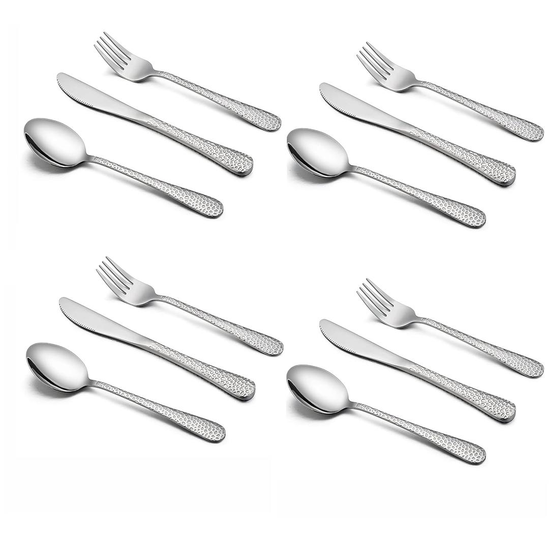 HaWare 12-Piece Toddler Kids Silverware Set, Stainless Steel Hammered Flatware Cutlery, Children Tableware Includes 4 Spoons&Forks&Butter Knives, Ideal for Preschooler, Dishwasher Safe