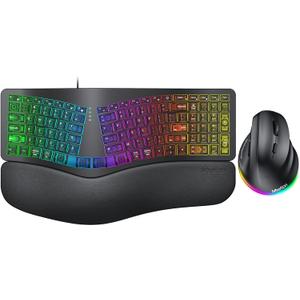 MEETION Ergonomic Keyboard with Vertical Mouse, Wired 7 Colors Transparent Backlit Keyboard, 4 Brightness Comfortable Wrist Rest Cushion, Wireless RGB Rechargeable Mouse