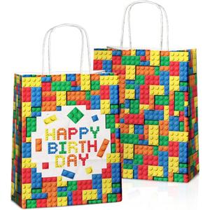 24 Pcs Building Block Party Favor Bags with Handles - Bricks Goodie Gift Candy Bags for Birthday Party Baby Shower Supplies Decorations