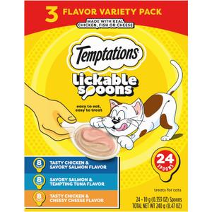 Temptations Lickable Spoons Adult Wet Cat Treat, 24 Spoons, Variety Pack, Best By 05/09/27