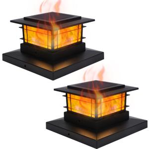Dynaming 2 Pack Solar Post Cap Lights Outdoor with Flickering Flame Light, Fence Post Solar Lights Fit for 4x4 5x5 6x6 Vinyl/Wooden Posts, High Brightness SMD LED Lighting Decor for Garden Deck Patio (Black)
