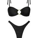 ZAFUL Women's Bandeau Bikini Tie Shoulder O Ring Cheeky Swimsuit (Black, XL)