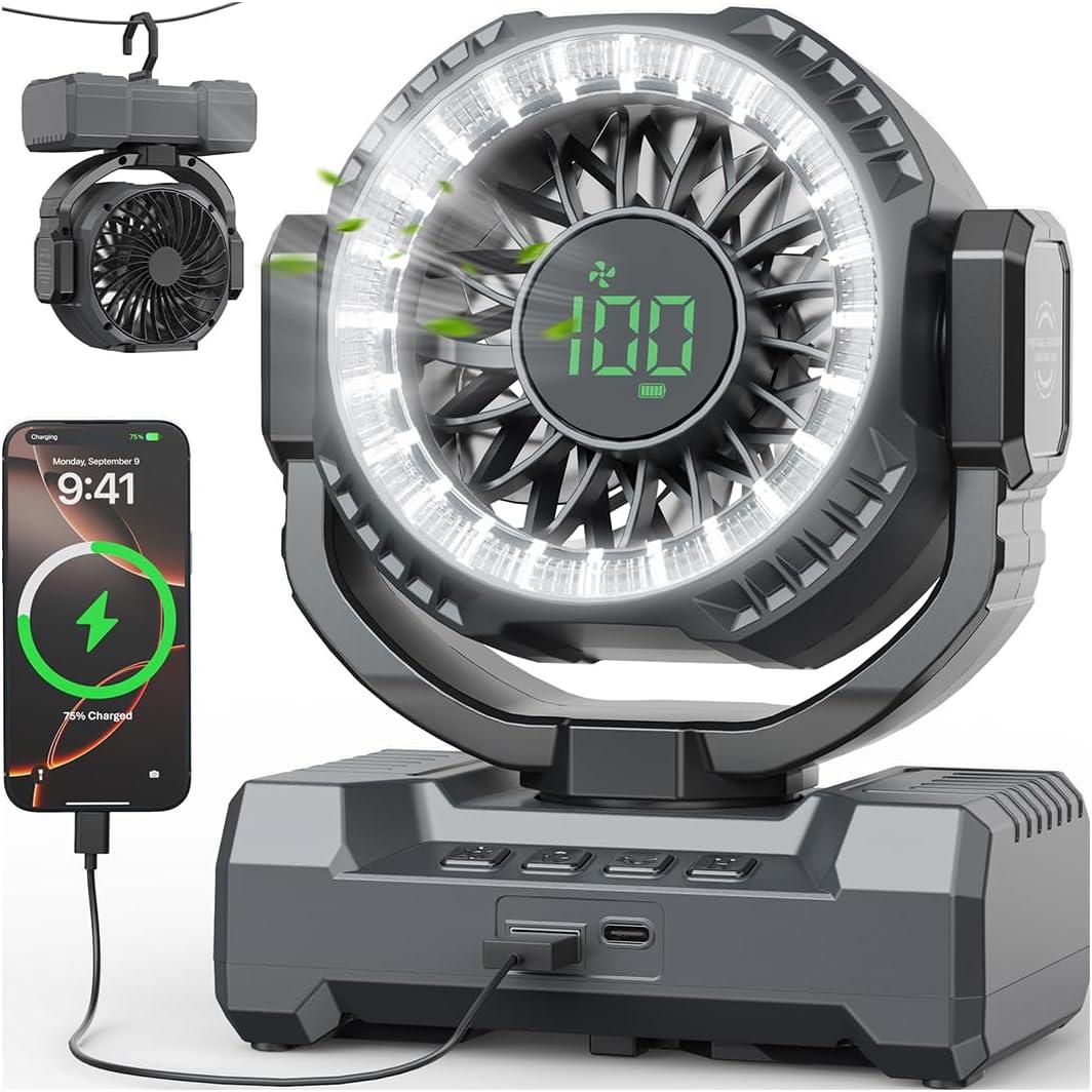 24000mAh Camping Fan, Portable Rechargeable Fan, Battery Powered Fan with LED Lantern & 120 Oscillation, Battery Operated Ventiladores for Travel, Tent, Fishing, Jobsite, Outdoor, Gifts for Men Dad, Large