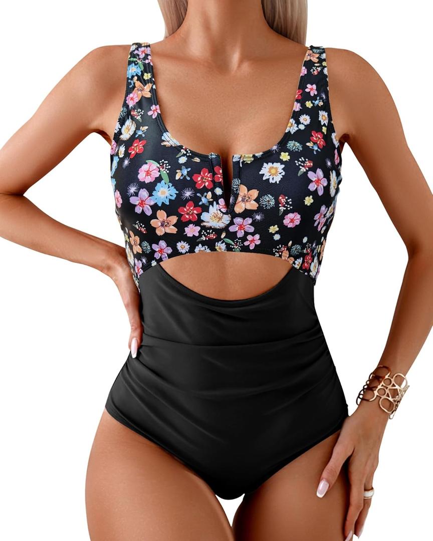 HXN Women's One Piece Swimsuit Tummy Control Bathing Suit Color Block Cutout Slimming Swim Suit Swimwear 2025 (Black, M)