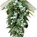 Svndlyn Lighted Artificial Spring Summer Teardrop Swag 25 Inch Eucalyptus and Magnolia Wreath with White Berries, Gypsophila & Farmhouse Striped Bow Floral Arrangement for Door Wall Mantel Window