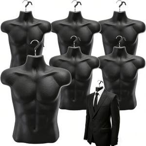 Noamus 6 Pack Male Mannequin Torso, Shapely Dress Form with Hanging Hook, T-Shirt Display Hollow Back Body, Shatterproof Rounded Waist Mold for Craft Shows, Photos Design, Clothing Sewing, Black