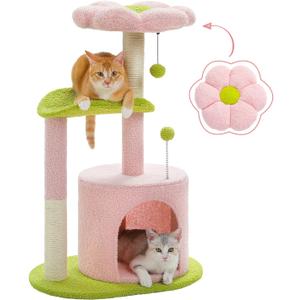 PAWZ Road Flower Cat Tree Pink 32 Small Cat Tower Cat Scratching Post with Curved Perch, Cozy Cats Condo Removable Flower Bed for Kittens and Small Cats-Pink