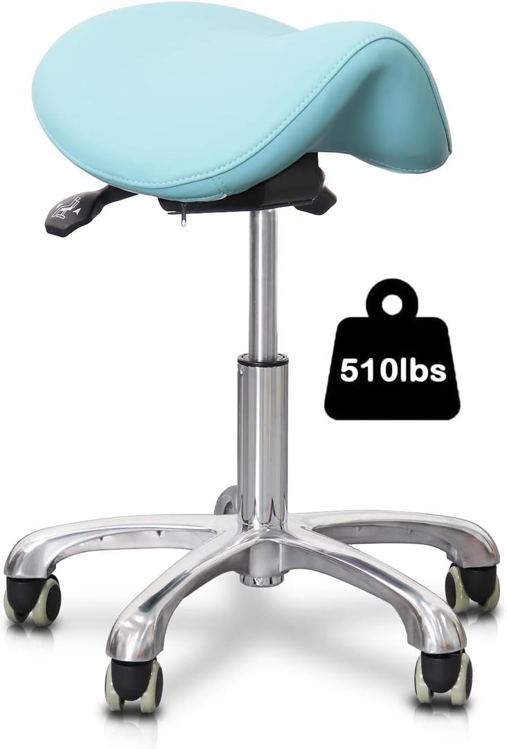 Saddle Stool with Wheels,Rolling Stool,Rolling Chair Ergonomic Swivel Rolling Chair with Hydraulic Lifting Height Adjustable Rolling for Office Medical Massage Salon Drafting(Blue), 22.05"D x 9.84"W x 22.05"H