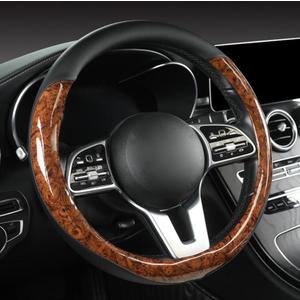 Wood Grain Steering Wheel Cover Microfiber Leather Breathable Anti Slip Universal Protector 14.5-15 inch Car Interior Accessories for Women Men, Black Coffee