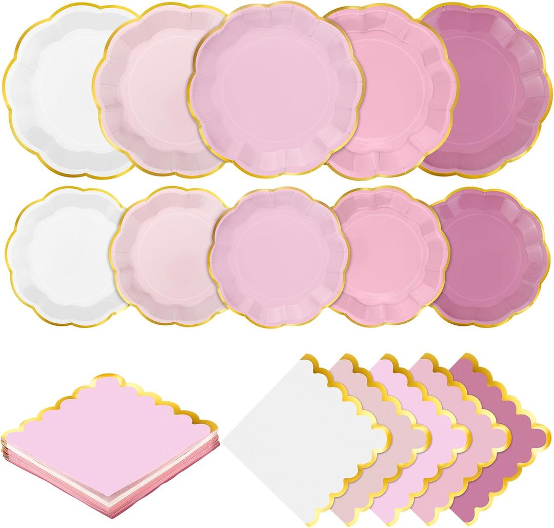 Kochorie 100 Pcs Dusty Pink Paper Plates and Napkins Gold Foil Scalloped Paper Plates & Napkins Disposable Tableware Set for Birthday Wedding Baby Shower Party Decorations