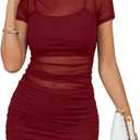 Rooscier Women's Mesh Dress Short Sleeve Bodycon 3 Piece Outfits with Cami Shorts (X-Large, Solid Wine Red)