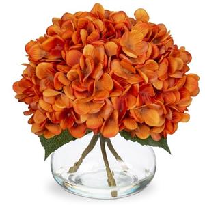 Hydrangea Artificial Flowers with Vase Fall Decor Orange Silk Fake Flowers Arrangements in Glass Vase with Faux Water Autumn Festival Floral Bulk Bouquet for Wedding Party Centerpiece Home Decorations