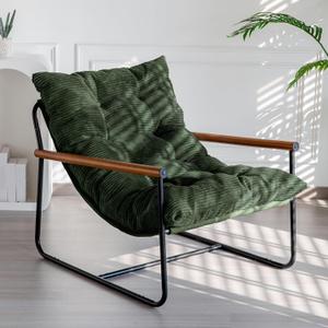 MAXYOYO Modern Accent Chair, Comfy Living Room Chair with Metal Frame Wooden Armrest, Upholstered Armchair with Soft Cushion for Bedroom Balcony Lounge Reading Room, Dark Green (Standard)