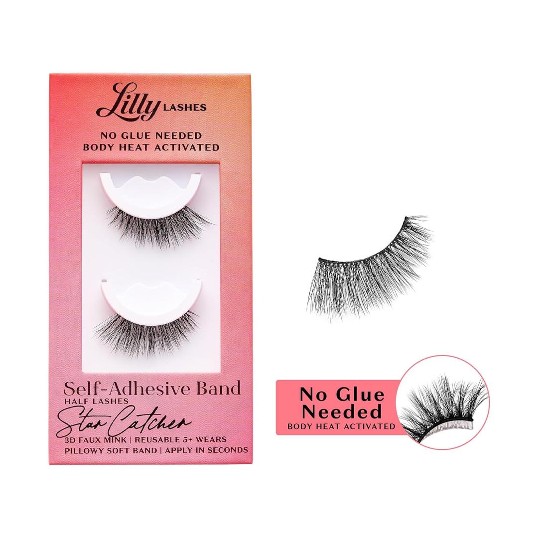 Lilly Lashes Self Adhesive Eyelashes (Half Lashes), No Lash Glue Needed, Body Heat Activated Press on Lashes, Reusable Self Adhesive Eyelashes Up to 5x, Easy to Apply & Remove (StarCatcher)