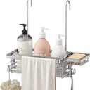 Hanging Shower Caddy, 304 Stainless Steel Shower Organizer with Towel Bar & Hooks, Over Shower Rod, Towel Bar or Glass Panel Storage Basket with Soap Holder, Rustproof Bathroom Caddy, 1 Pack