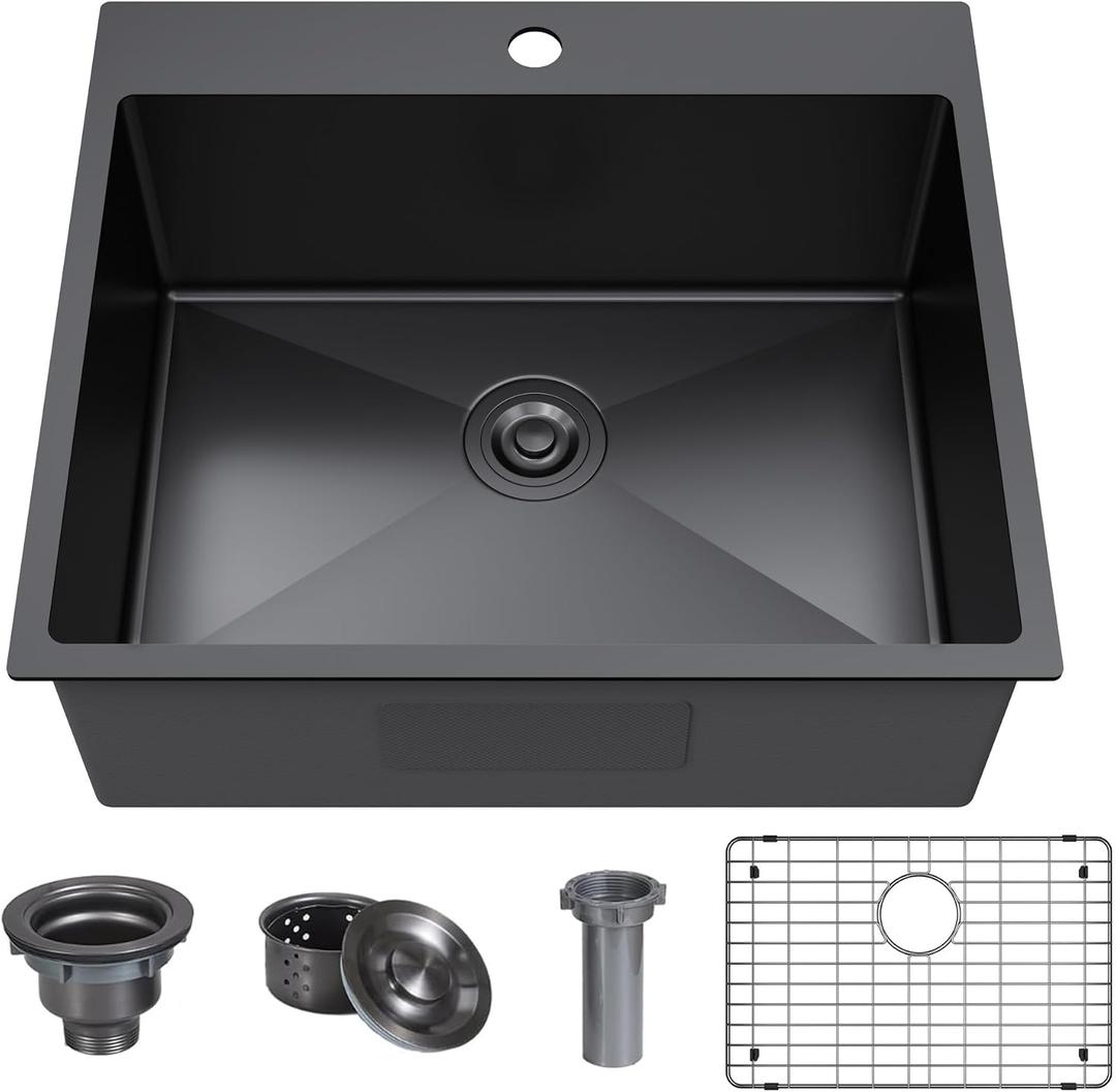 25 x 22 Inch Black Drop In Kitchen Bar Sink, Small Kitchen Sink Single Bowl Topmount Bar Prep Sink 18 Gauge Stainless Steel Bar Sink with Grid and Basket Strainer