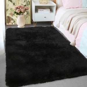 3x5 Black Fluffy Shag Rug for Bedroom, Soft Plush Fuzzy Washable Non Slip Floor Cozy Carpet, Modern Comfy Furry Shaggy Small Area Rug for Living Room, Kids Baby Boys Girls Nursery Dorm Room