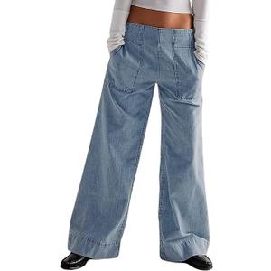 yoeasy Womens Wide Leg Jeans Elastic Waisted Back Casual Trendy Baggy Jeans Pull On Denim Pants with Pockets (Medium, Light Blue)