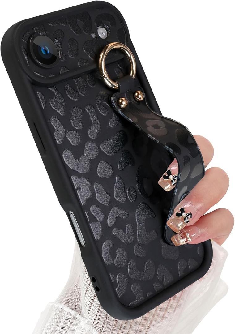 Compatible with iPhone 17 Air Case with Finger Hand Wrist Strap for Girls Women, Cute Leopard Cheetah Phone Case with Wristband Kickstand, Durable Silicone Protective Cover, Black Leopard