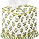 Emerald Green Floral Ruffle Tissue Box Cover Block Printed Cotton Fabric Napkin Holder Square Boho Decorative Box Cover for Bedroom Living Room Bathroom Vanity Countertop Car Office Kitchen