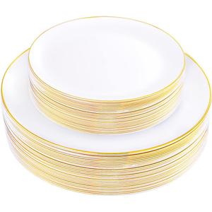 KIRE 60PCS Gold Plastic Plates - Heavy Duty White Disposable Plates with Gold Rim for Party/Wedding/Mother's Day - Include 30Pieces 10.25inch Gold Dinner Plates and 30Pcs 7.5inch Dessert Plates