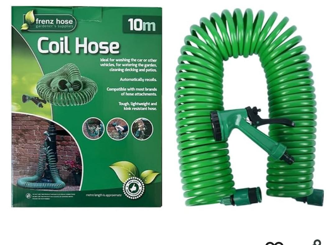 RAYRONG 3/8" Lightweight Coil Garden Hose 32 FT, EVA Flexible Curly Water Pipes with 5-Pattern Spray Nozzle for Boat, Greenhouse, Yard, Patio, Green (32 FT(10M))