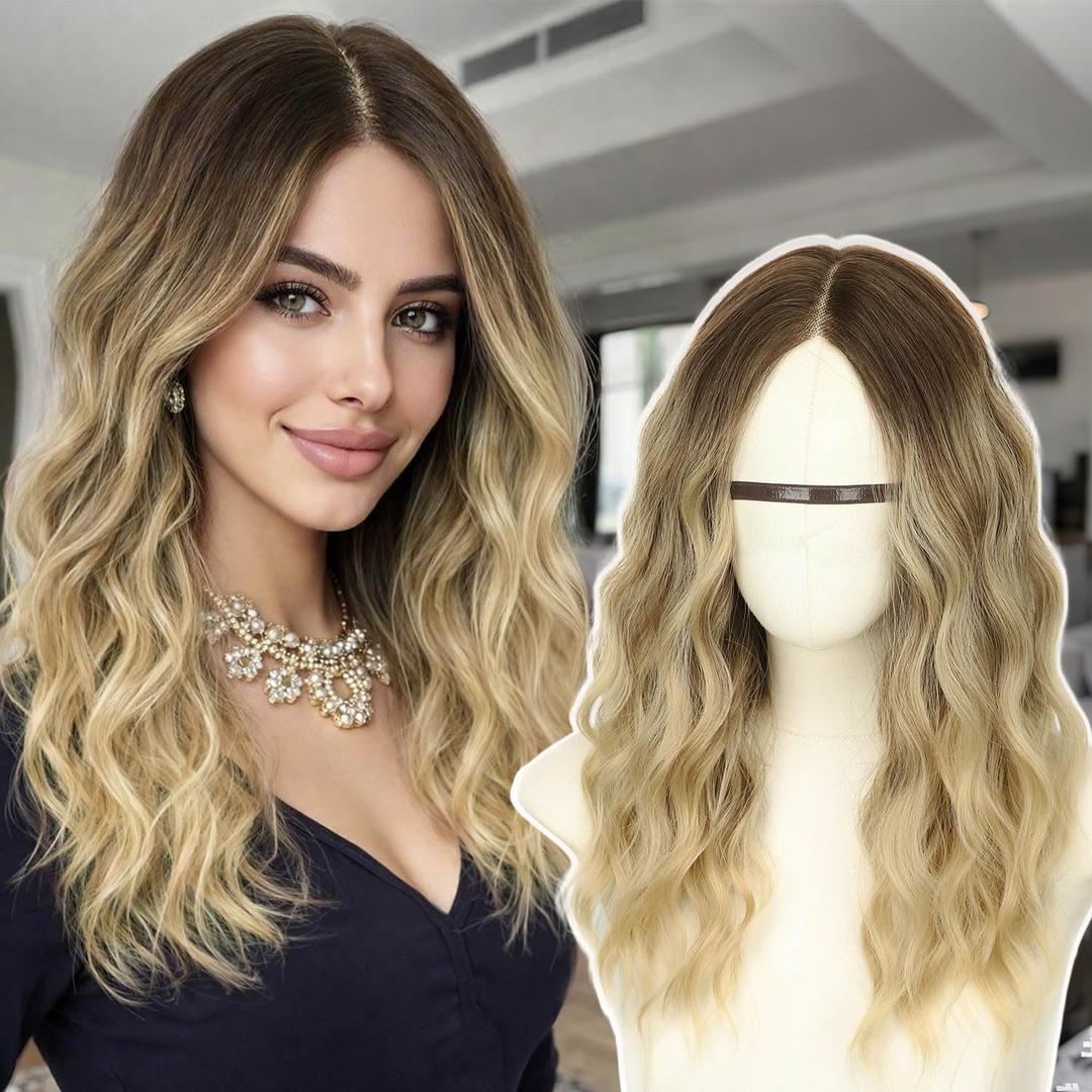 AISI HAIR 18 Inch Ombre Blonde Wigs for Women - Shoulder Length Wave Wig with Pre-Cut Lace Hairline, Middle Part Natural Wavy Bob Synthetic Heat Resistant Fiber for Daily and Party