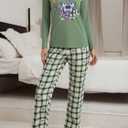 2Pcs Women's Pajama Set,Lounge Top and Plaid Pants Sleepwear,Soft Lounge Sleep Set,Cute Casual Loungewear for Home or Sleep (M)