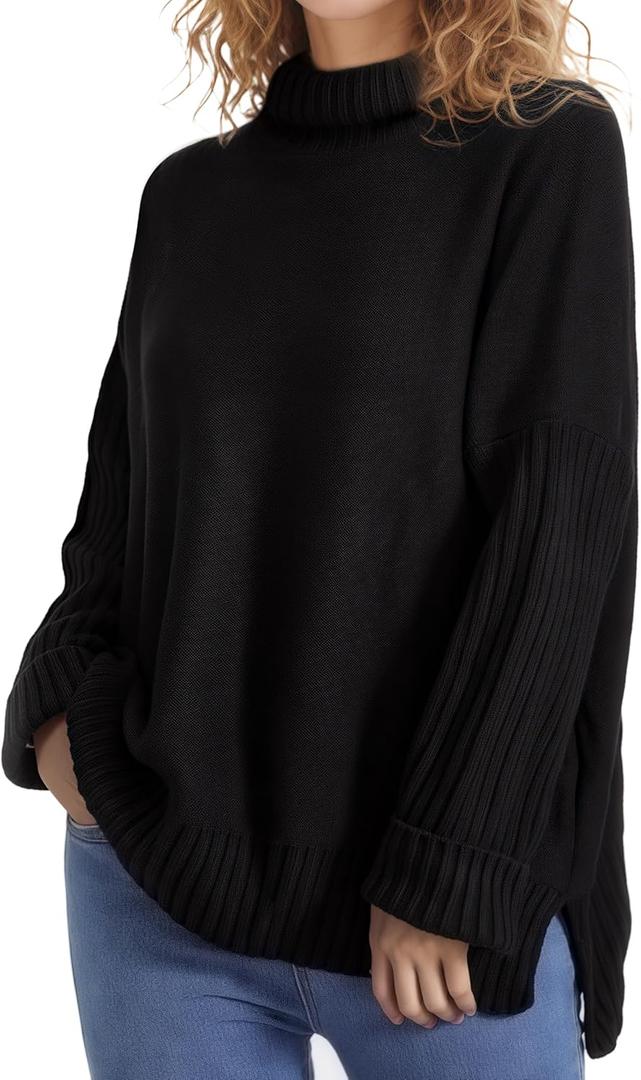 Women's Turtleneck Oversized Sweaters Batwing Sleeve Spilt Casual Loose Knit Tunic Pullover Sweater Tops (Medium)