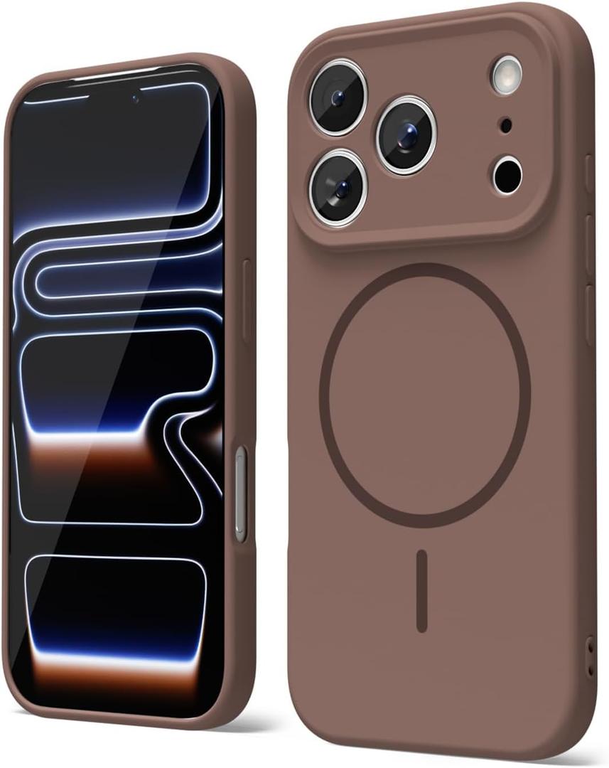 Oakxco for iPhone 17 Pro Case Silicone Mag Safe, Magnetic Slim Thin Phone Case Compatible with Magsafe, Women Girls Cute Girly Aesthetic Soft Rubber Gel Safecase with Camera Cover, Brown