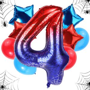 Spider Themed Birthday Balloons Set, 47in Giant Foil Spider Web & 4pcs Star & 4pcs Round Red Blue Balloons Ideal Birthday Cartoon Theme Party Decorations and Favors(Number 4)