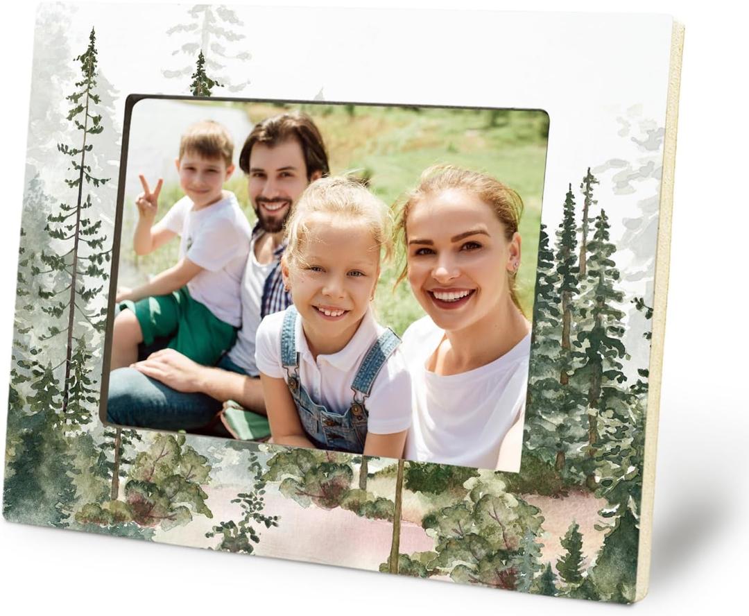 Green Mountain Picture Frame Decor, Rustic Misty Woodland Nature Mountain Landscape Tree Themed Gifts for Lovers Women Men, Watercolor Nature Scene Forest Picture Photo Frame 4x6