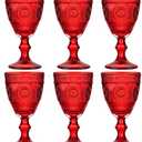 Red Vintage Wine Glasses Set of 6, 10 Ounces Colored Glass Water Goblets, Unique Floral Embossed Pattern High Clear Stemmed Glassware Wedding Party Bar Drinking Cups Fancy Glasses Hand Wash Only