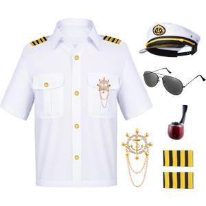Kids Yacht Captain Sailor Costume for Boys Shirt Hat Accessories 6 Pcs Set Party Cosplay 3-4T White
