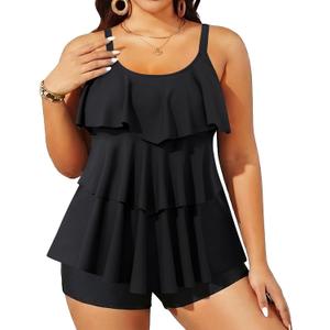 Yonique Women's Plus Size Tankini Swimsuits with Shorts Two Piece Bathing Suits Ruffle Swimsuits Tummy Control Swimwear (Black, L)