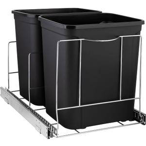 Double Pull-Out Trash Can for Cabinet - Set of Two 9 Gal / 36 qt Supported Heavy-Duty Chrome, Smooth Slide with Trash Bag Storage - Requires 21.75" Cabinet Opening (Bin Not Included)