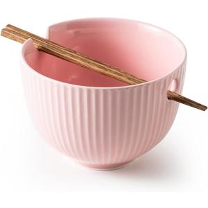 Ceramic Ramen Bowl with Matching Chopsticks, Soup Bowls for Udon Soba Pho Asian Noodles, Dishwasher and Microwave Safe, 28 oz (Bowl-Pink)
