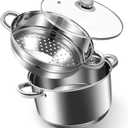 AuFranc 6 Quart 18/10 Stainless Steel Tri-ply Stockpot and Steamer with Tempered Glass Lid, Multipurpose Steamer Pot Compatible with All Cooktops, Non-Toxic Soup Pot, Oven & Dishwasher Safe (Silver)