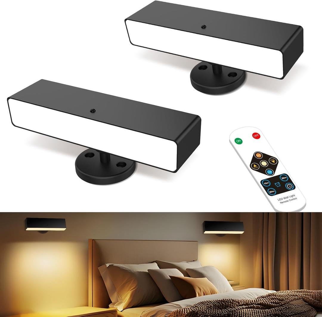 iThird Rechargeable Battery Operated Wall Sconce Set of 2: Wireless Black Wall Lights Battery Powered Magnetic 360 Rotation Cordless Scone Adhesive LED Wall Mount Lamp for Bedroom Reading Picture RV
