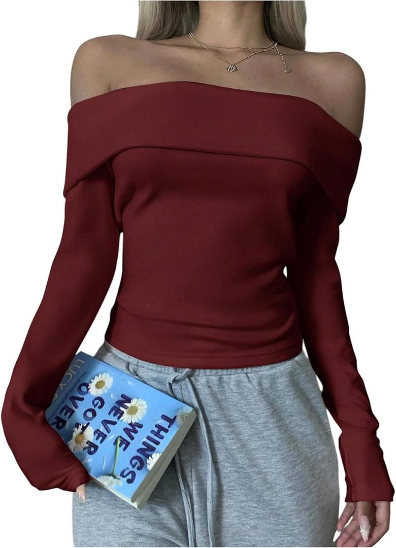SOLY HUX Women's Off The Shoulder Top Long Sleeve Going Out Tops Slim Fitted T Shirt Fall Clothes Pure Burgundy Small