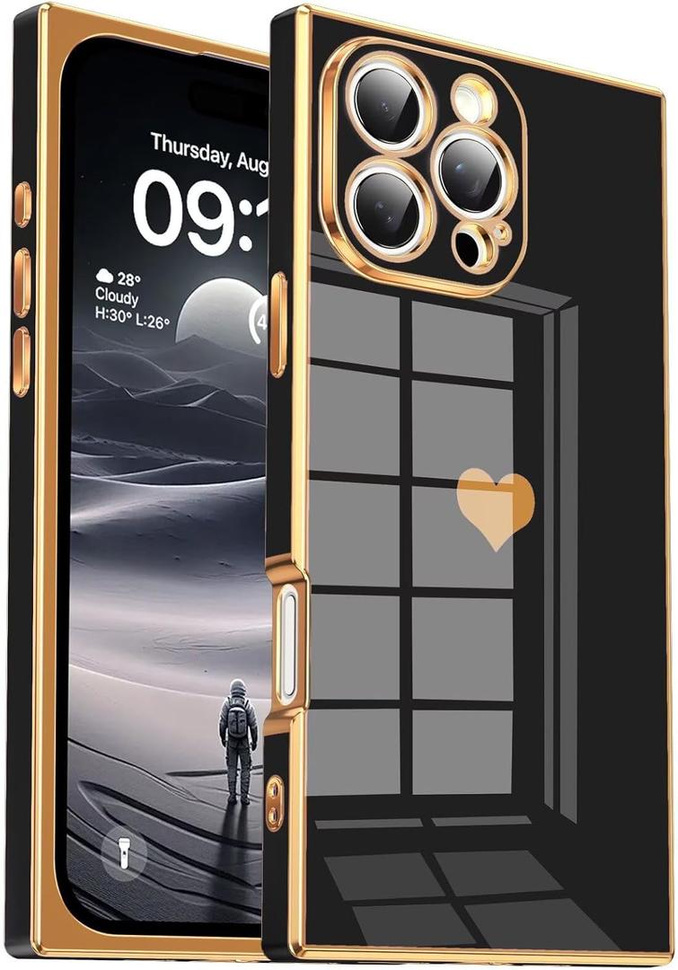 Tzomsze Compatible with iPhone 16 Pro Case,Camera Protection Cute Heart Pattern & Electroplate Reinforced Corners Shockproof Edge Bumper Case for Women Girls 6.3 Inch-Black