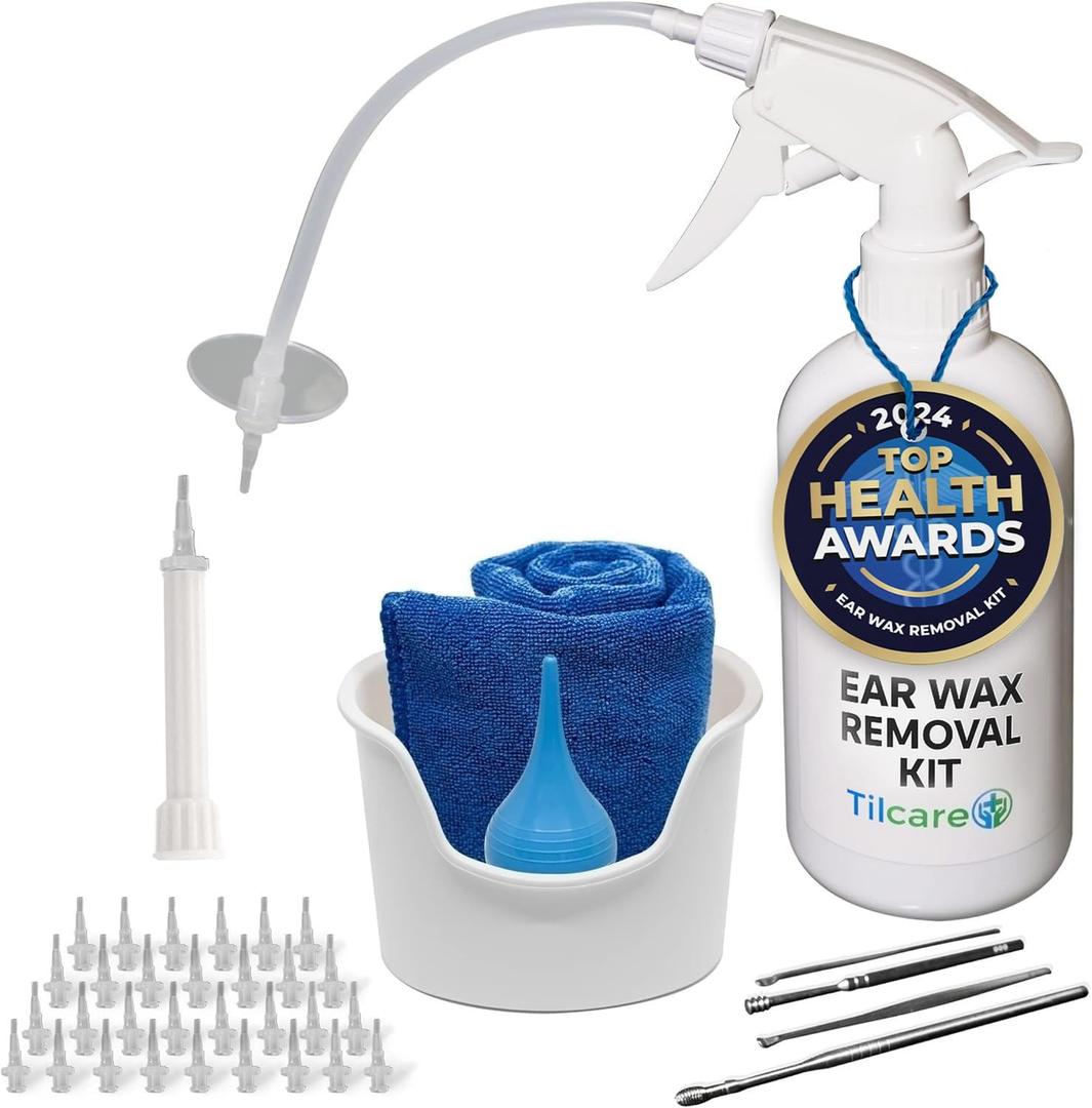 Ear Wax Removal Tool by Tilcare - Ear Irrigation Flushing System for Adults & Kids - Perfect Ear Cleaning Kit - Includes Basin, Syringe, Curette Kit, Towel and 30 Disposable Tips