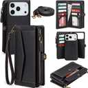 Compatible with iPhone 17 Pro Max 6.9" Wallet Case with RFID Blocking Card Holder for Women, PU Leather Flip Zipper Wallet Detachable Magnetic Phone Case Crossbody Strap, Black