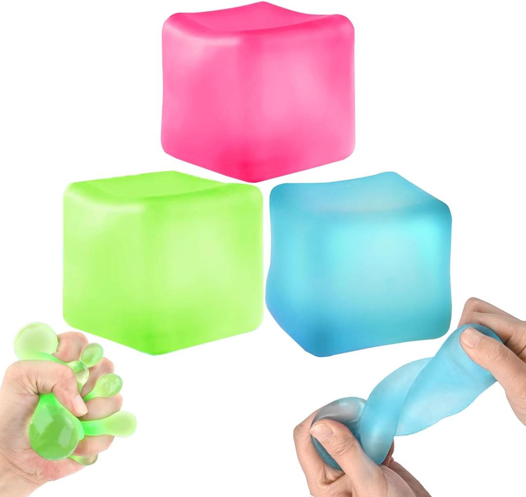 3Pcs Stress Cube Squishy Toys, Slow Rising Ice Cube Stress Balls, Sensory Fidget Toys for Anxiety Relief, Sensory Ice Cube Gel Filled Squishy Ball Toys for ADD/ADHD Kids Adults(Blue, Green, Pink)