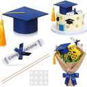 Breling Blue and Gold Graduation Cap Cake Topper with Diploma Centerpiece Sticks Mini Felt Grad Hat Cake Toppers with Tassel Class of 2026 Grad Table Decor Party Supplies Decorations