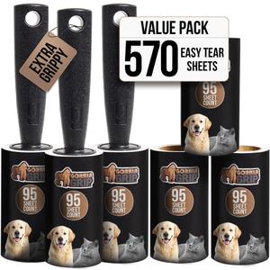 GORILLA GRIP Extra Grippy Lint Rollers, 570 Large Easy Tear Sheets, 3 Comfort Handles + 6 Refillable Rolls Included, Pet Hair Remover Brush, Clothes Furniture, Dog, Cat Animal Friendly Reusable Roller