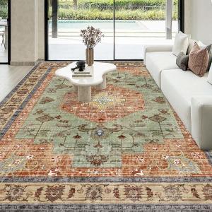 Washable Boho Area Rug Red Rust Green Large Living Room 8'10' Rug Non-Slip Soft Oriental Vintage Bedroom Carpet Dining Room Nursery Home Office Indoor Decor
