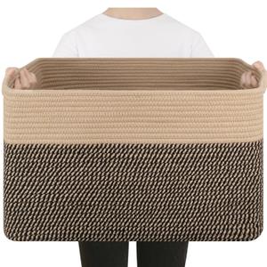 75L Large Cotton Rope Basket, Soft Toy Storage Bin for Nursery & Living Room, Decorative Blanket Basket for Bedroom, Baby-Safe Organizer for Pillows &Laundry, 22''×17''×12'', Brown & Black