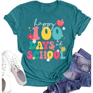 Women's Happy 100 Days of Shcool Shirts Funny Teacher Graphic Shirt Teach Life Gifts Tees Tops (Small, Cyan1)